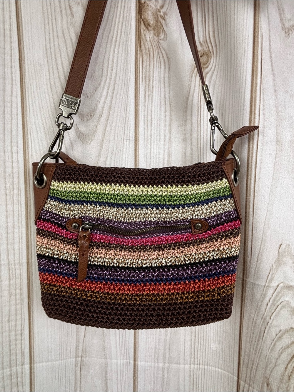 The Sak Indio Crocheted Multicolor Striped Shoulder Bag Boho Vintage 90's Y2K